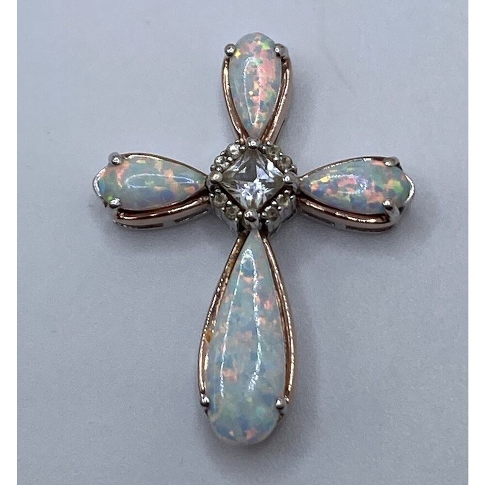 JANE SEYMOUR JWBR STERLING SILVER 14 K GOLD AND OPALS WHITE TOPAZ CROSS PENDANT